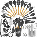 Kaluns 50 PCS Silicone Kitchen Utensils Set Complete Kitchen Set - 800°F Heat Resistant Non-Stick Premium Cooking Utensils W Wooden Handles - Can Opener, Masher, Turner, Silicone Spatula Set