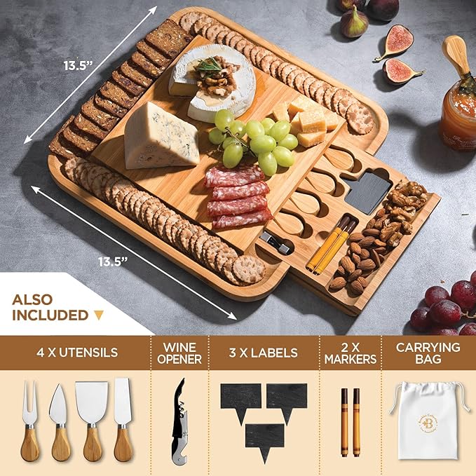 Charcuterie Boards Gift Set - Bamboo Cheese Board Set Charcuterie Tray & Serving Platter for Hosting & Entertaining, Wooden Cheese Platter, Kitchen Gifts for Women, Gifts for Home, Wedding & Birthday