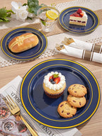 WDF Partyware 350PCS Navy Blue and Gold Plastic Plates with Rolled Napkins Include Dinner Plate 10’’, Dessert Plate 7’’, gold Cups 9 OZ, Pre Rolled Napkins for Birthday/Wedding/Party/Graduation