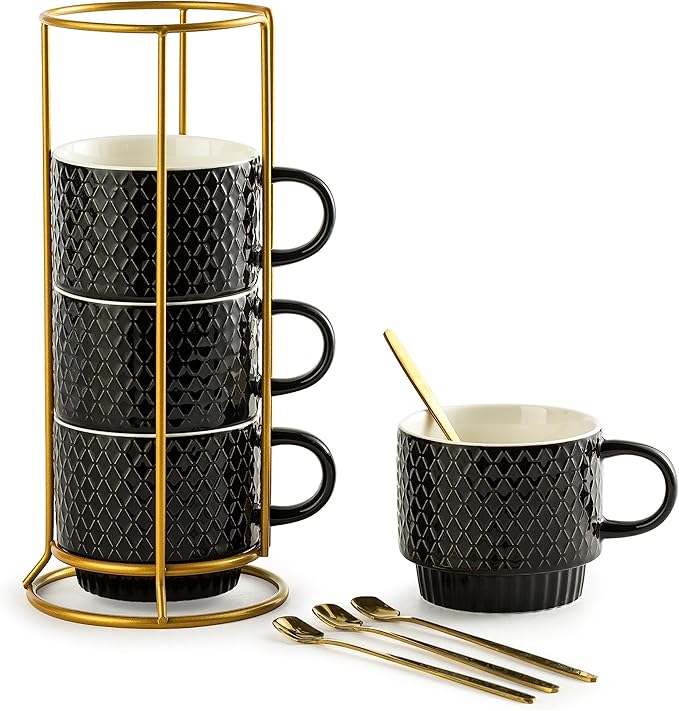 Gomakren Coffee Mugs Set of 4, 13 Ounce Stackable Coffee Mug Set with Stand, Stoneware Coffee Cup with Spoon for Coffee, Milk, Tea, Cocoa, Black