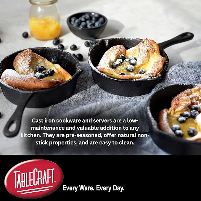 TableCraft Products CW30122 Cast Iron Mini Round Skillet 3⅝" Dia (6⅞" with Handle) x 1¼" D, 1.25" Height, 4.125" Width, 6.875" Length, CW30122