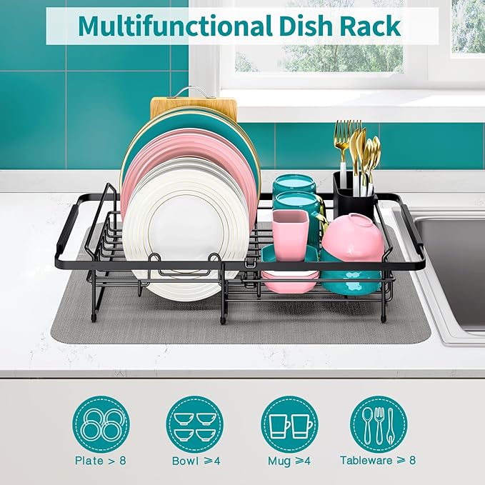Urackify Expandable in Sink Dish Drying Rack - Adjustable Dish Rack Over Sink, Rustproof Dish Drainer for Kitchen Counter, Dish Strainer with Utensil Holder, Fit Kitchen for 13"-18"