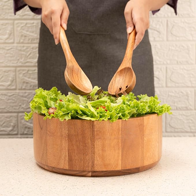 Luxe Designs Wooden Salad Bowl Set with Serving Utensils Eco-Friendly, Multipurpose Mixing & Serving Bowl for Salads, Pasta, Fruits & More (Natural, Extra Large)