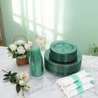 DaYammi 350 Pieces Green Glitter Dinnerware Set 50 Guest for Party St Patricks Day Plates - 50 Dinner Plates, 50 Dessert Plates - 50 Per Rolled Napkins with Green Cutlery - 50 Disposable Cups 9 OZ