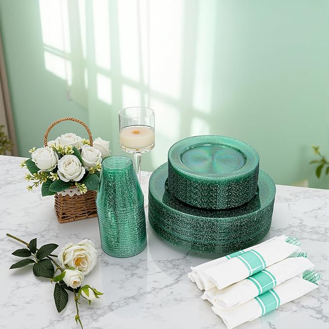 DaYammi 350 Pieces Green Glitter Dinnerware Set 50 Guest for Party St Patricks Day Plates - 50 Dinner Plates, 50 Dessert Plates - 50 Per Rolled Napkins with Green Cutlery - 50 Disposable Cups 9 OZ