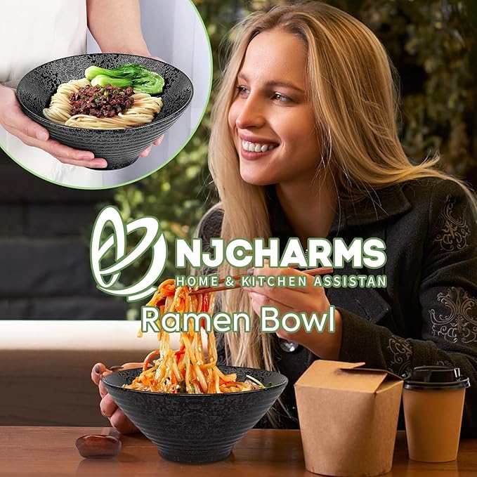 NJCHARMS Ceramic Ramen Bowl Set of 2, 60 oz Japanese Noodle Soup Bowls with Spoons and Chopsticks for Ramen Soup Pho Udon Asian Noodles, Large Noodle Bowls
