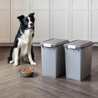IRIS USA Dog Food Storage Container with Wheels, Airtight Lid, 2-Cup Scoop, Up to 30 Pounds Pet Food Storage, Built in Scoop Storage in Lid, Pet Food Bin, Portable, BPA Free, 2 Pack, Gray/Dark Gray
