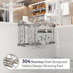 SWTYMIKI Sponge Holder for Kitchen Sink - Movable Sink Caddy with Smiley Face Sponge Holder, Rustproof Hanging Sponge Organizer in Double Bowl Sinks Depth>3.15in, Middle Divider<1.5in, Silver