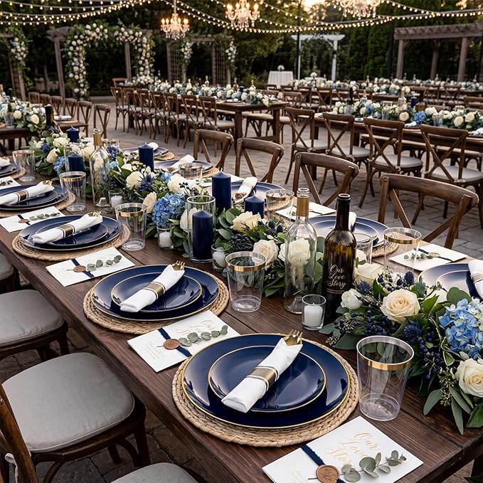 KIRE 350Pcs Blue and Gold Plates -Heavy Duty Navy Blue Dinnerware Set - 100 Plastic Plates 50 Pre Rolled Napkins with Gold Plastic Silverware 50 Cups for Birthday/Wedding/Parties/Passover/Graduation