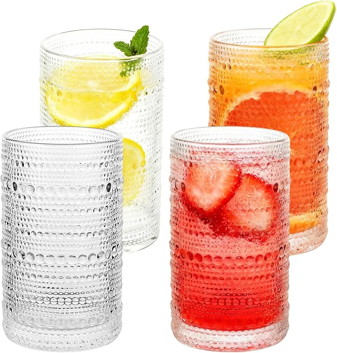 Hobnail Drinking Glasses Set of 4, 12 Oz Vintage Style Tumblers – Thick Durable Glass, Smooth Interior, Dishwasher Safe for Water, Juice, Wine, Whiskey