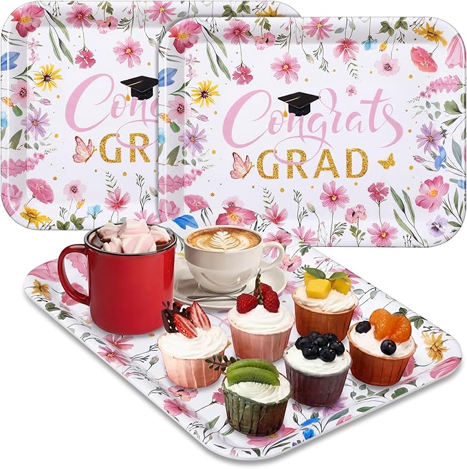 Vesici 3 Pcs Wildflower Graduation Serving Trays 13 x 10 Inch Pink Floral Class of 2026 Congrats Grad Melamine Platters Reusable Rectangular Serving Dishes for Graduate Party Snack Fruit Dessert Candy