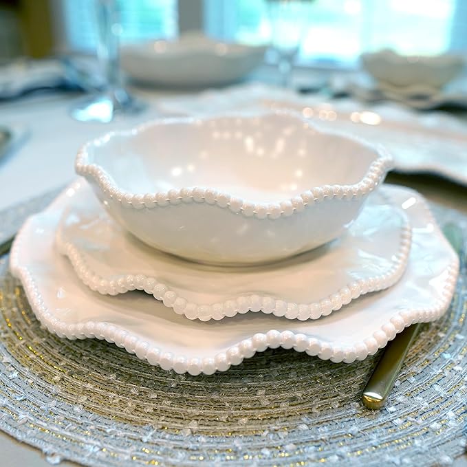 Perlette Cream Beaded All-Purpose Bowls – Set of 4, 7.5" x 2", 22 oz Elegant Melamine, Shatterproof & Heavyweight, Scratch-Resistant, Dishwasher Safe – Perfect for Soups, Salads, Cereal & Entertaining