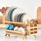 NOVAYEAH Bamboo Dish Drying Rack-2 Tier, Collapsible Small Dish Rack with Utensil Holder, Wooden Drying Rack for Kitchen Counter, Apartment Essentials Kitchen Plate Holder Organization 34 pcs Grid