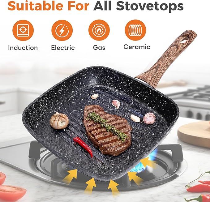 NEWBULIG Nonstick Frying Pan Skillets Set, with Detachable Stay-Cool Wooden Handle, Non toxic Induction Cookware, Free of Intentionally Added PFOA, Dishwasher ＆ Oven Safe, (9.5", 10.2", 11") Black