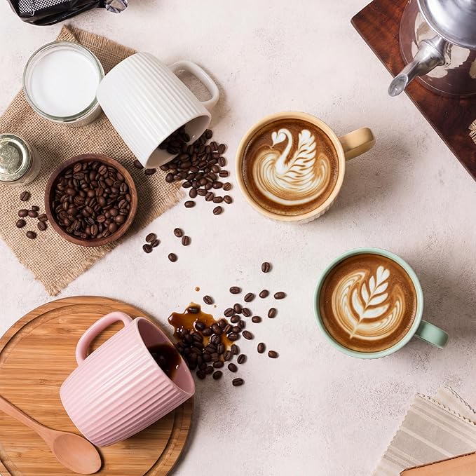 Coffee Mugs Set of 4, 14oz Ceramic Coffee Cups Set, Modern Ribbed Striped Coffee Cups with Large Handles for Latte, Tea, Cocoa, Dishwasher & Microwave Safe, Lead-Free, Stackable