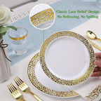 FOCUSLINE 350 Ct Gold Dinnerware Set for 50 Guests, Gold Lace Plastic Plates Disposable Heavy Duty, Including 50 Dinner & Dessert Plates, Cups, Napkins, Cutlery Set
