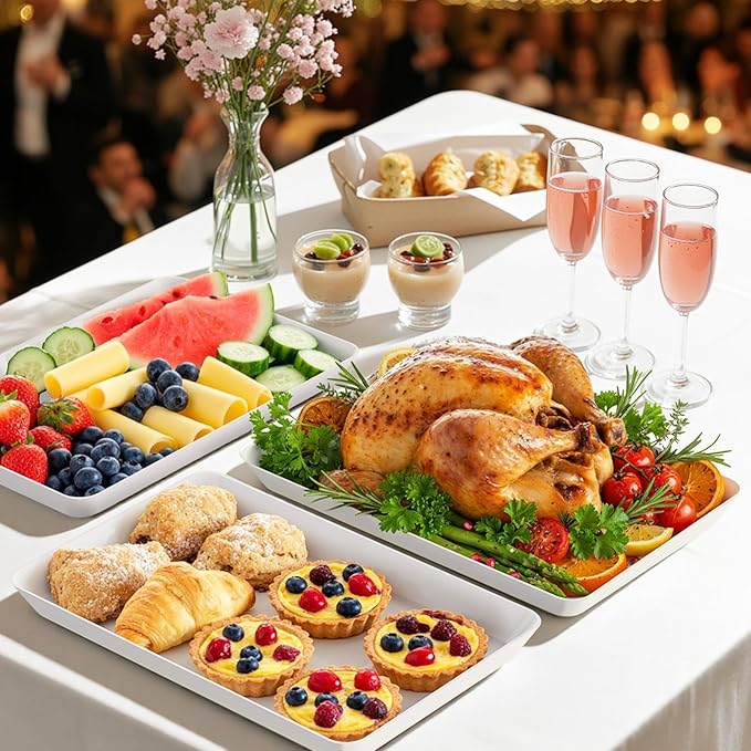 10-Pack Serving Tray, Serving Platter for Parties, Entertaining, Camping & Food Display, Reusable & Stackable Plastic Trays in Kitchen, Rectangular Food Platters for Cookie, Appetizer(White)