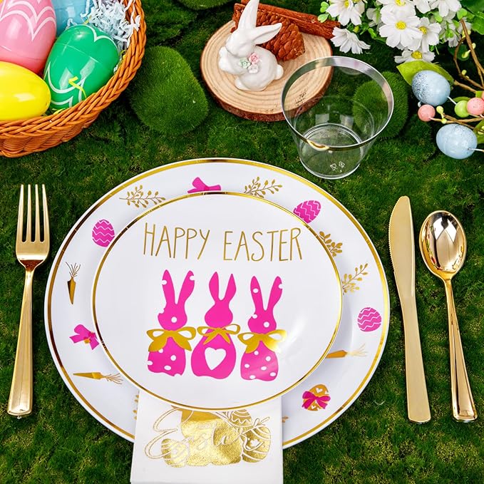 Hioasis 175pcs Easter Plastic Plates, Bunny Plastic Disposable Dinnerware Set Include 25 Dinner Plates, 25 Dessert Plates, 25 Forks, 25 Knives, 25 Spoons, 25 Napkins，25 Cups Perfect for Easter Party