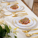 Hioasis 300pcs White and Gold Plastic Plates - Disposable Dinnerware Set Suitable for 50 Guests Include 10.25" Dinner & 7.5" Dessert Plates,Silverware Set, Cups for Wedding(NO Napkins Included)