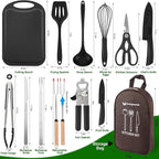 Camping Essentials Cookware Cooking Utensils Set - Portable Camp Kitchen Mess Kit Outdoor Accessories, Stainless Steel & Silicone, Camping Gear Equipment for RV Picnic Grill, Brown