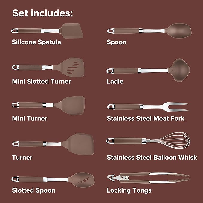 Anolon Tools Set/Nonstick Nylon Cooking Utensils/Kitchen Gadgets Includes Spoons, Turners, Ladle, Meat Fork, Whisk, and Locking Tongs, 10 Piece, Bronze