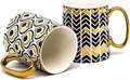 KooK Gold Coffee Mugs, Coffee Mug Set, Tea Cups with Handles, Porcelain, Geometric Design, 14.8 oz, Black and Gold, Set of 2
