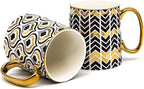 KooK Gold Coffee Mugs, Coffee Mug Set, Tea Cups with Handles, Porcelain, Geometric Design, 14.8 oz, Black and Gold, Set of 2