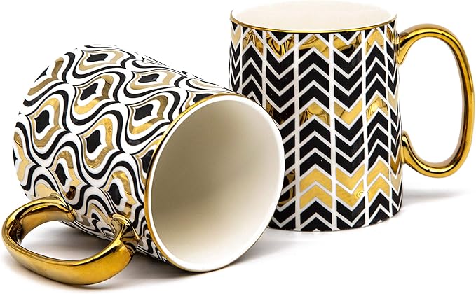 KooK Gold Coffee Mugs, Coffee Mug Set, Tea Cups with Handles, Porcelain, Geometric Design, 14.8 oz, Black and Gold, Set of 2
