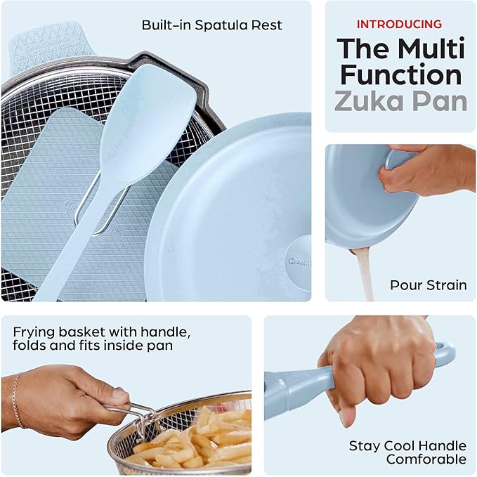 ZUKA 10 in 1 Ceramic Pan by Granitestone, Large 10 Inch Saute Pan with Lid Serves as Deep Frying Pan Set with Steamer, Everyday Skillet, Non Toxic Ceramic Nonstick, Induction Oven & Dishwasher Safe