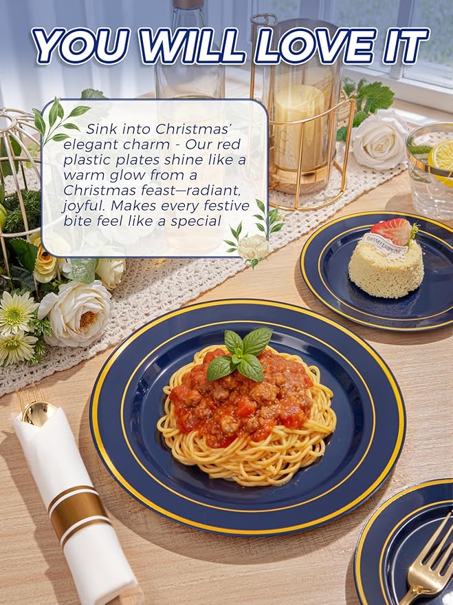 WDF Partyware 175PCS Blue and Gold Plastic Plates - Navy Blue Plates with Pre Rolled Napkins for Party - 25Guest Disposable Dinnerware Sets for Party/Birthday/Wedding/Graduation