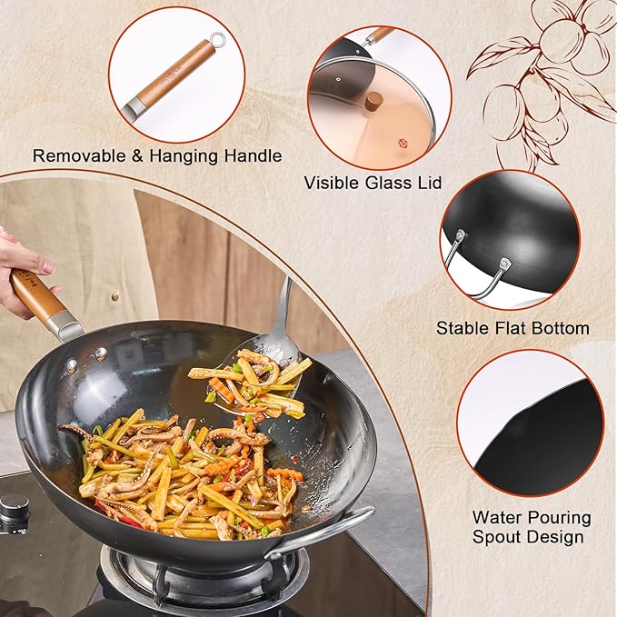 WANGYUANJI Carbon Steel Wok 14.2", Large Nitriding Flat Bottom Stir Fry Pan with Lid, No Chemical Coating Rust Resistant Iron Skillet for Induction Electric Gas Stoves, Big Capacity Serves 6+