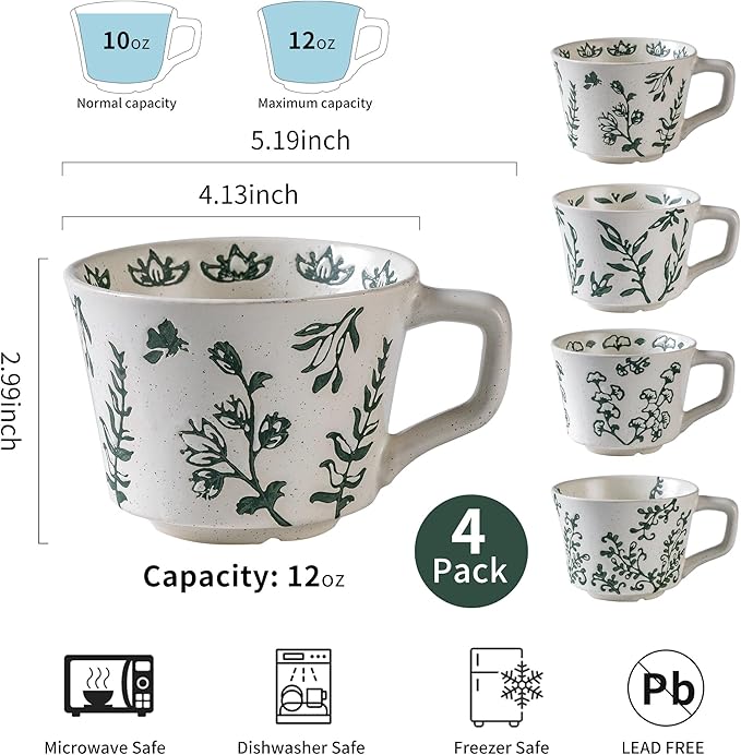 Ceramic Mugs 11 oz Set of 4, Unique Luxurious Stoneware Cups for Coffee Milk Latte Cappuccino Tea, Office Home Kitchen Use, Dishwasher Microwave Freezer Safe, Mixed Green