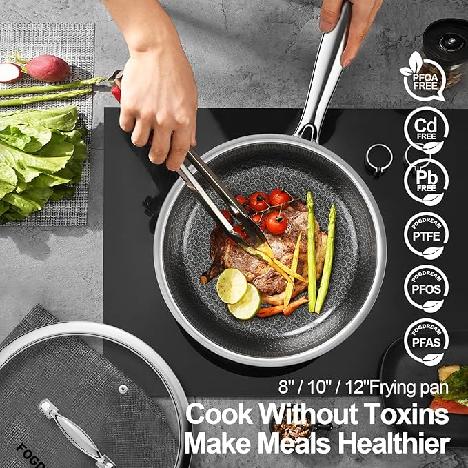 FogDream Non Stick Frying Pans, 8 Inch Stainless Steel Skillet with Tempered Glass Lid Tri-Ply Stainless Steel for All Cooktops, Dishwasher & Oven-Safe Cooking Pan, Stay-Cool Handle, Silver