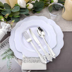 NOCCUR 175pcs Silver Plastic Plates - Silver Rim Plastic Tableware Include 25 Dinner/Dessert Plates, 25 Forks, 25 Knives, 25 Spoons for Wedding/Party