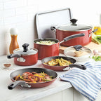 Farberware Cookstart DiamondMax Nonstick Cookware/Pots and Pans Set, Dishwasher Safe, Includes Baking Pan and Cooking Tools, 15 Piece - Red