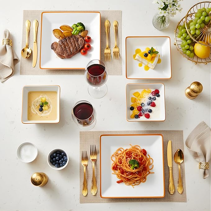 TP 12-Piece Melamine Dinnerware Sets, Plates and Bowls Dishes Set for 4, Break-Resistant & Non-Microwavable, Lightweight Square Dinner Plates, White with Rim