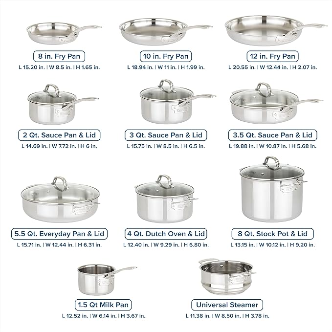 Viking 3-Ply Pots and Pans Set, 17 Piece Stainless Steel Cookware Glass Lids, Steamer Insert, Silver