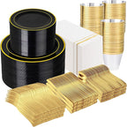 GATHER 700PCS Black Plastic Plates - Gold Disposable Plastic Dinnerware Set Include 200 6.3inch/9inch Black Plates, 300 Silverware, 100 Napkins, 100 Cups for Party & Wedding & Birthday