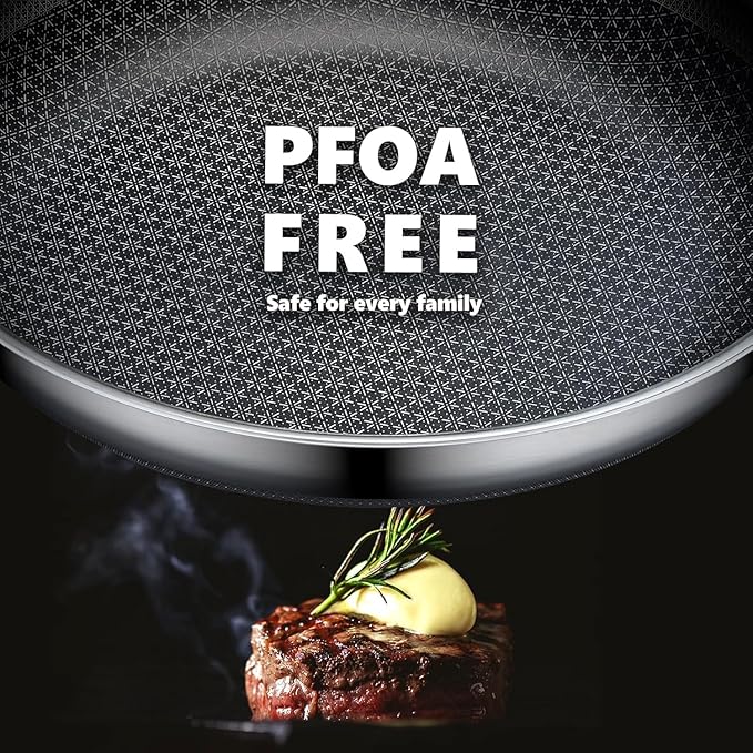 Non Stick Frying Pans Set with 2 Lid, Hybrid Skillet Set Nonstick (8+10+12inch), Pans for cooking, PFOA Free Stainless Steel Kitchen set, Dishwasher and Oven-Safe Cookware Sets