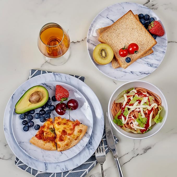 TP 12-Piece Melamine Dinnerware Sets, Plates and Bowls Dishes Set for 4, Break-Resistant & Non-Microwavable, Lightweight Dinner Plates, Marble Pattern