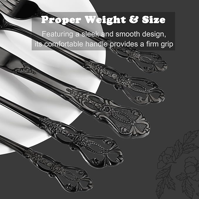 Runfly Gorgeous Retro Royal Black Stainless Steel 20 Pieces Flatware Set, Black Silverware Set, Anti-rust Stainless Steel dark Cutlery Set Utensils Including Fork Spoon and Knife