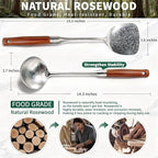 Newness Soup Ladle and Solid Turner, [Rustproof, Heat Resistance] Resilient Pure Titanium Soup Spoon and Turner with Long Ergonomic Natural Wooden Round Handle, Non-Toxic Cooking Spoon for Kitchen