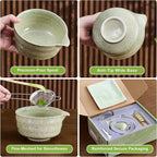 7Pcs Matcha Whisk Set - Matcha Bowl with Spout, Bamboo Whisk (Chasen), Holder, Stainless Sifter, Tea Scoop, Tea Towel, Scoop Rest. Full Japanese Ceremony Matcha Kit, Ideal Gift for Tea Fans (Green)