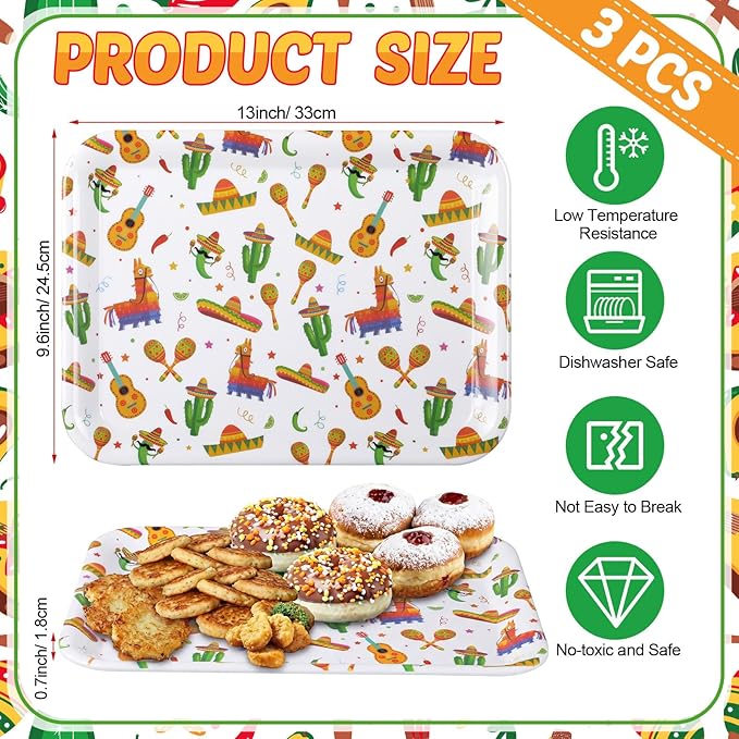 Vesici 3 Pcs Mexican Serving Trays 13 x 10 Inch Fiesta Cinco De Mayo Melamine Platters Reusable Rectangular Serving Dishes for Mexican Taco Theme Birthday Baby Shower Party Sharing Snack Fruit Dessert