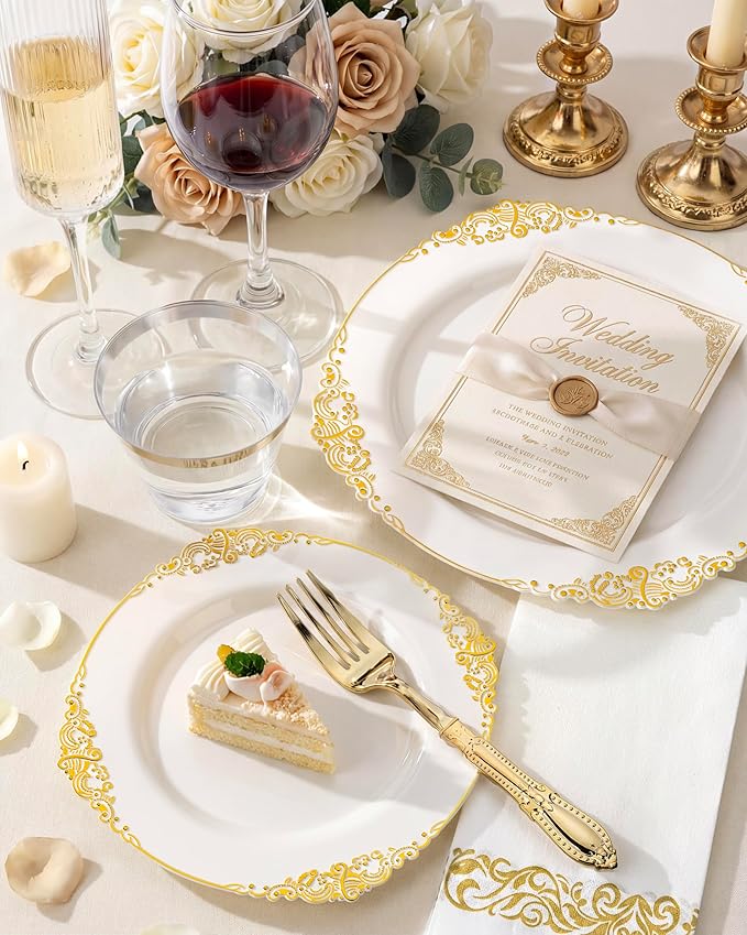 Morejoy 175 PCS Lvory Plastic Plates - Lvory Gold Plastic Dinnerware Set Include 25Dinner Plates, 25Dessert Plates 50Cutlery, 25Cups, 50Napkin Perfect for Party & Wedding