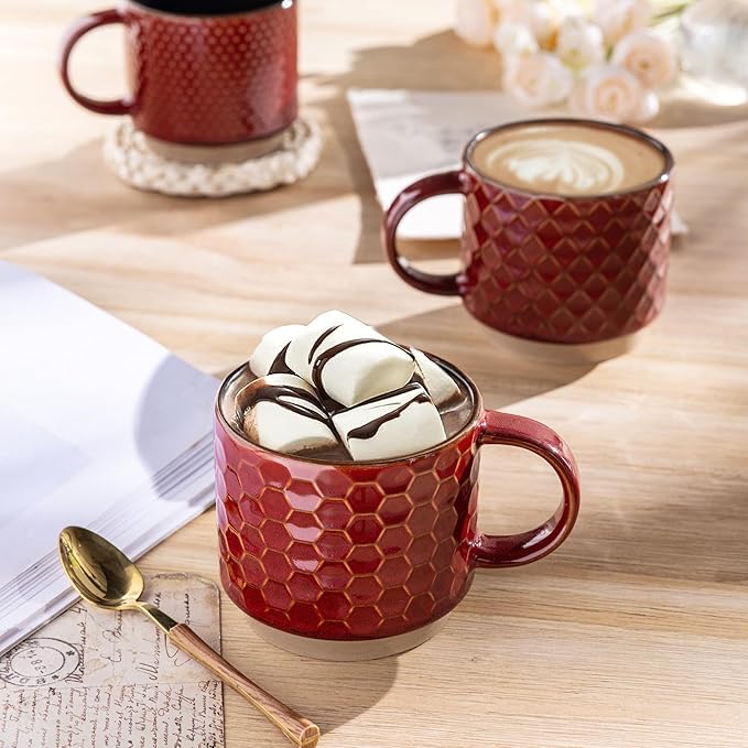 GBhome 8OZ Stackable Coffee Mugs, Ceramic Coffee Mugs with Texture Patterns for Man,Woman,Dad,Mom, Modern Coffee Cups Set of 4 for Espresso/Cappuccino. Dishwasher&Microwave Safe,Red