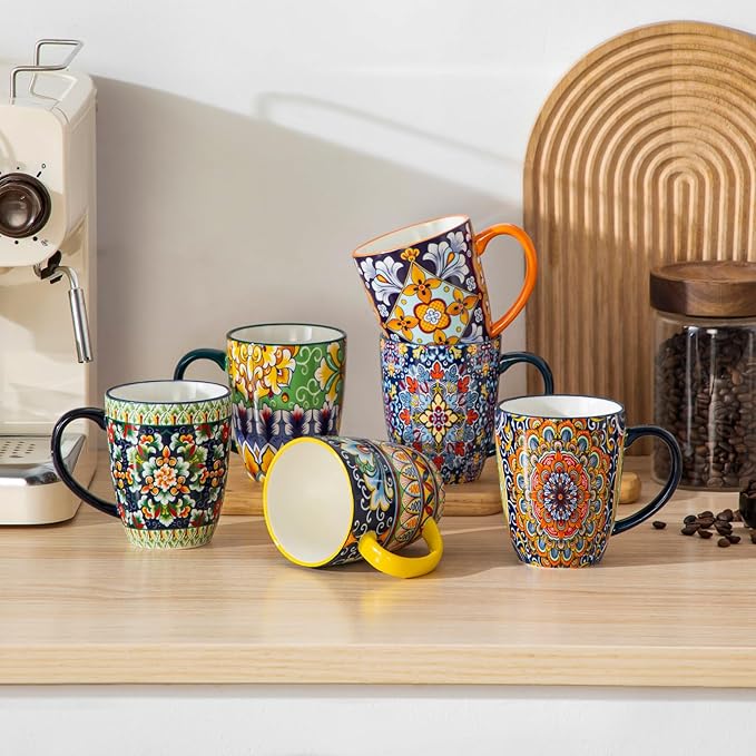 vancasso 12 oz Coffee Mugs Set of 6, Ceramic Mug with Handle, Boho Coffee Cups for Latte, Cappuccino & Hot Chocolate, Dishwasher & Microwave Safe Gift Set, Series SIMI