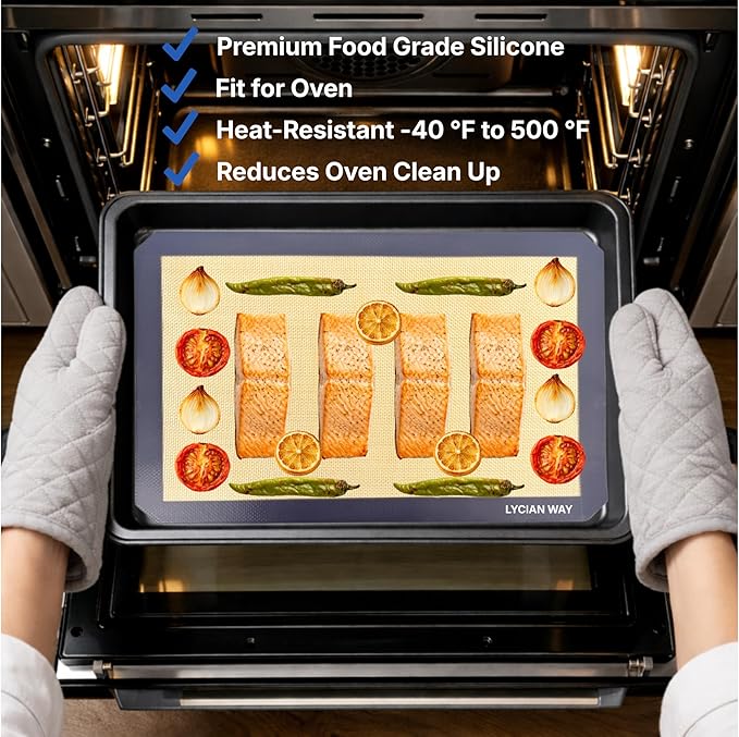 Silicone Baking Mat Set of 2 Half Sheet 1 Quarter Sheet Nonstick Reusable Baking Sheet Liners for Cookies Macarons Bread Pizza Pastry with Scraper and Hot Pot Handle Grips, 6 Pcs Set