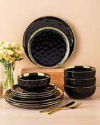 LOVECASA 12 Pieces Plates and Bowls Sets, Porcelain Black and Gold Dinnerware Sets, Round Dinner Plates Dishes Set Service for 4, Dishwasher Safe and Scratch Resistant, Black