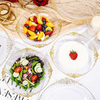 100PCS Clear Gold Plastic Bowls - 12 oz Clear Disposable Salad Bowls - Heavy Duty Disposable Soup Bowl - Fancy Plastic Ice Cream Bowl for Weddings, Parties, Dinners, Picnics,